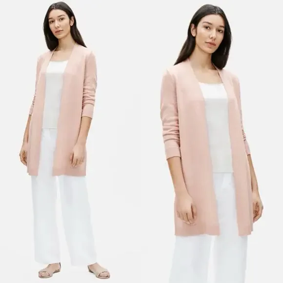 Eileen Fisher Long Organic Linen & Cotton Cardigan Pink Sz M minimalist Coastal - Picture 1 of 11